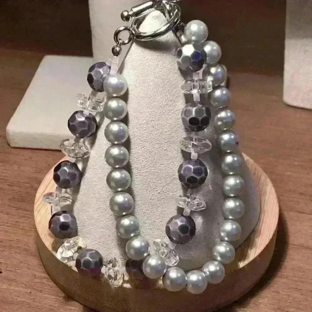 Gray and Clear Glass Bead Bracelet Stretch Bracelet
